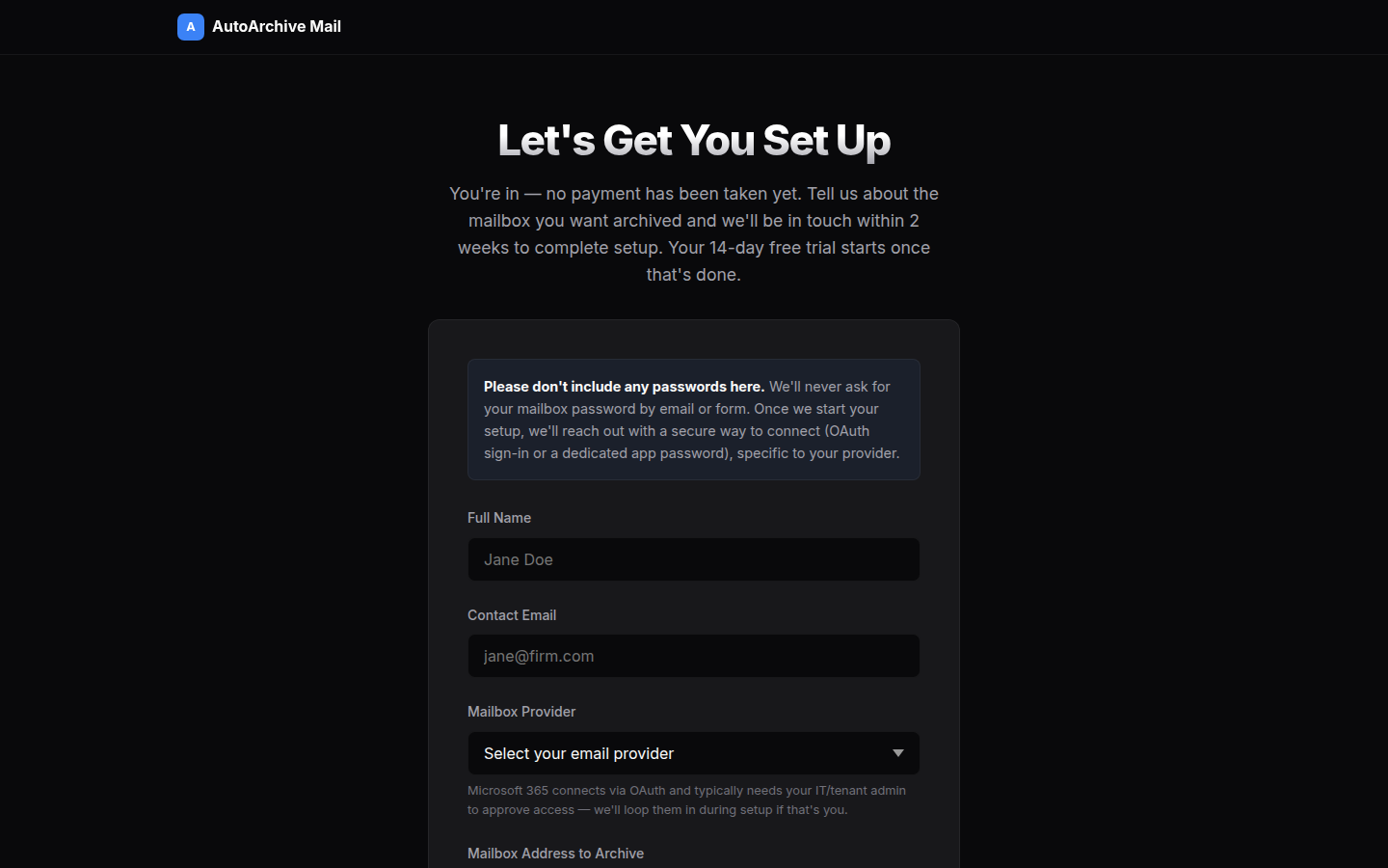 AutoArchive Mail onboarding form, where you submit your name, contact email, and mailbox provider to get set up